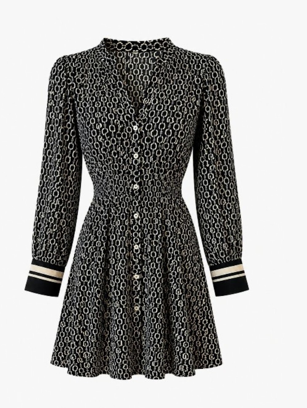 H&M Black and White Printed Long-Sleeve Button Dress